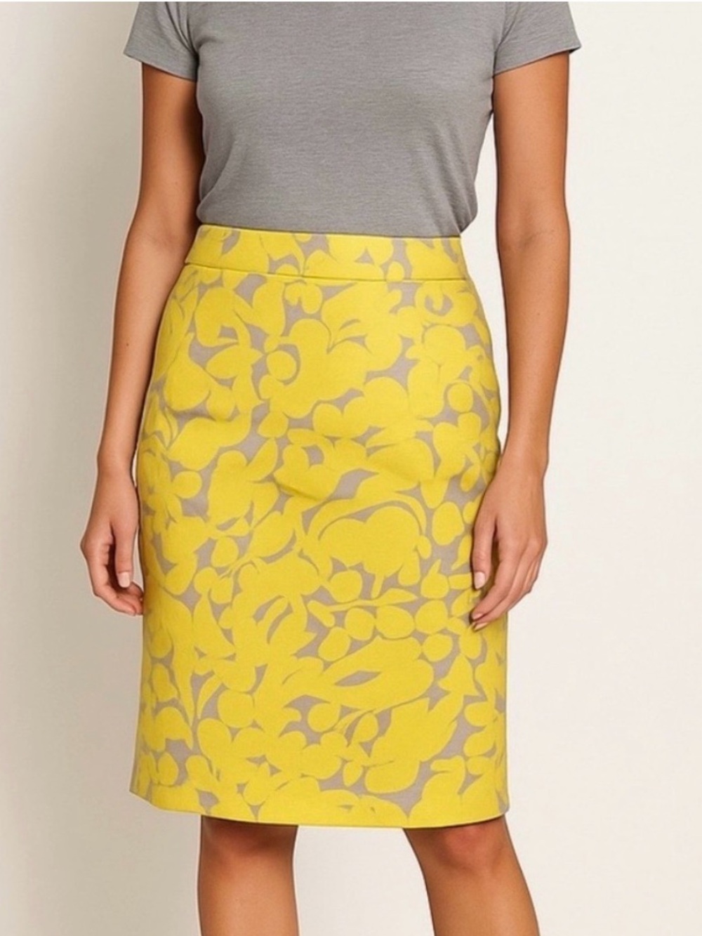 J. Crew Yellow Grey Gray Floral-Print A-Line Pencil Skirt Zip Preppy - Size 4
